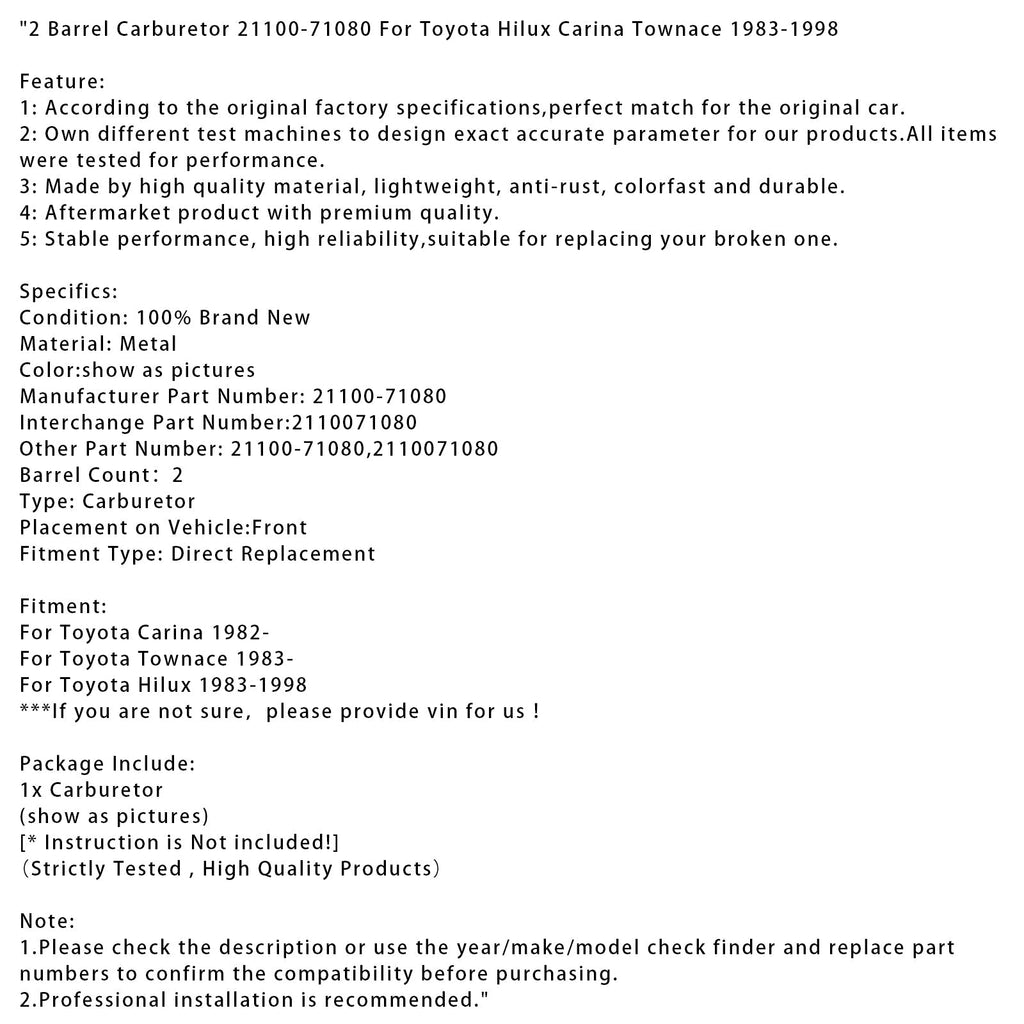 2 Barrel Carb Replacement 21100-71080 for Toyota Hilux Carina Townace Models 1983-1998