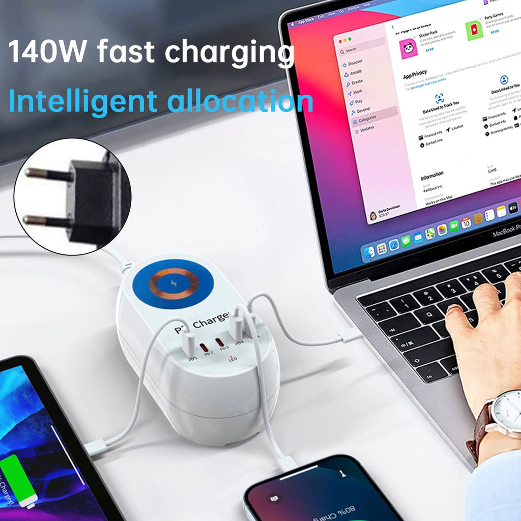 140W Power Delivery Multi-Port Fast Charger with Magnetic Wireless Charging for Laptops and Smartphones EU