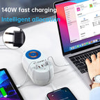 140W Power Delivery Multi-Port Fast Charger with Magnetic Wireless Charging for Laptops and Smartphones EU