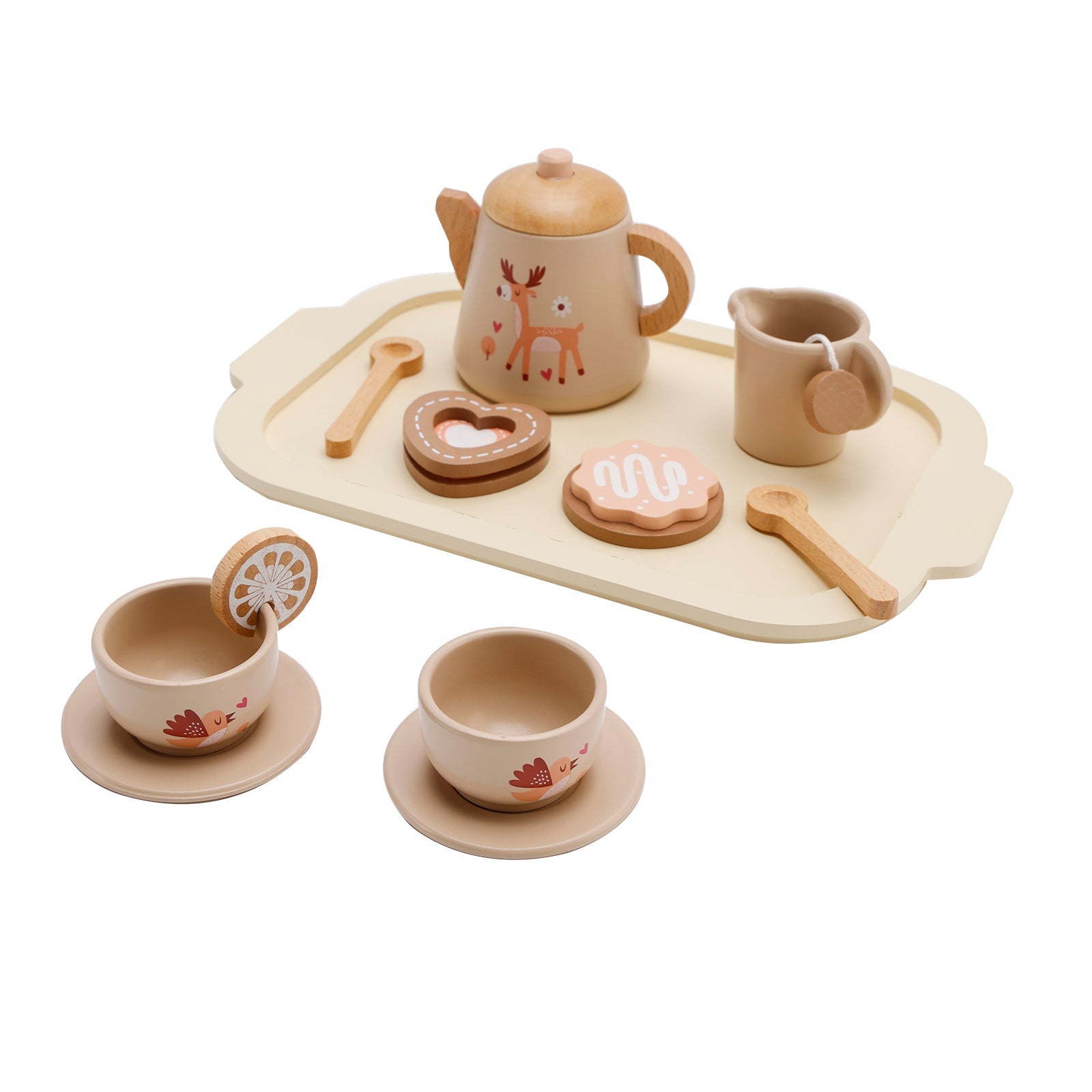 13-Piece Kids Play Kitchen Wooden Tableware and Tea Service Set
