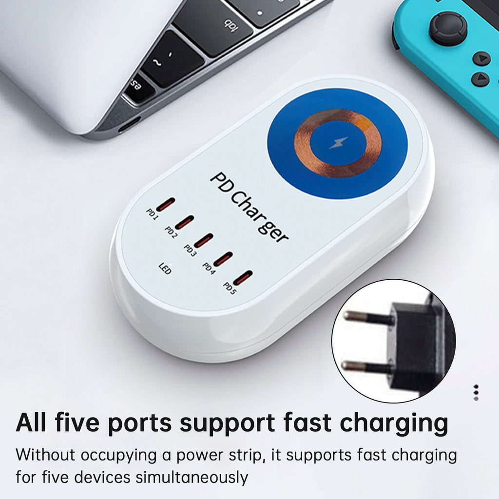 140W Power Delivery Multi-Port Fast Charger with Magnetic Wireless Charging for Laptops and Smartphones EU