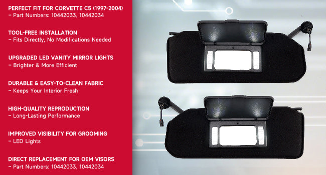 1997-2004 Corvette C5 Black Shaded Sun Visors Pair with Built-in Vanity Mirrors