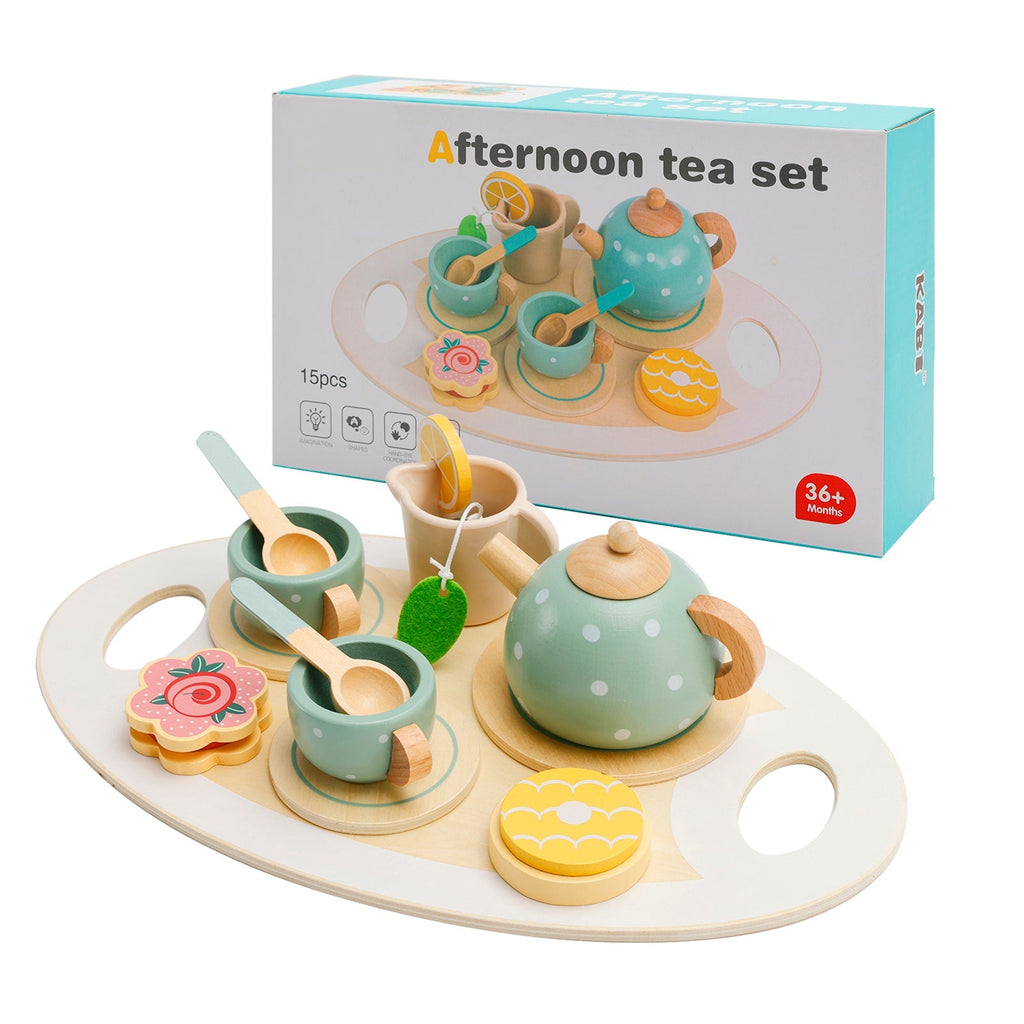 15 Piece Wooden Kitchen Toy Dishes and Tea Set for Children's Play Kitchen