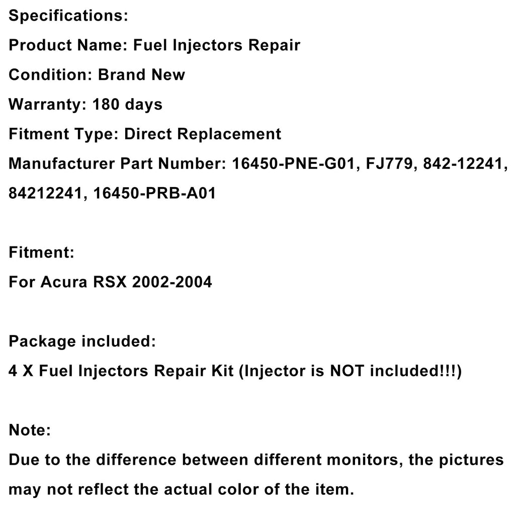 Acura RSX 2002 2003 2004 2.0L L4 Fuel Injector Rebuild Kit 16450-PNE-G01 4 Piece