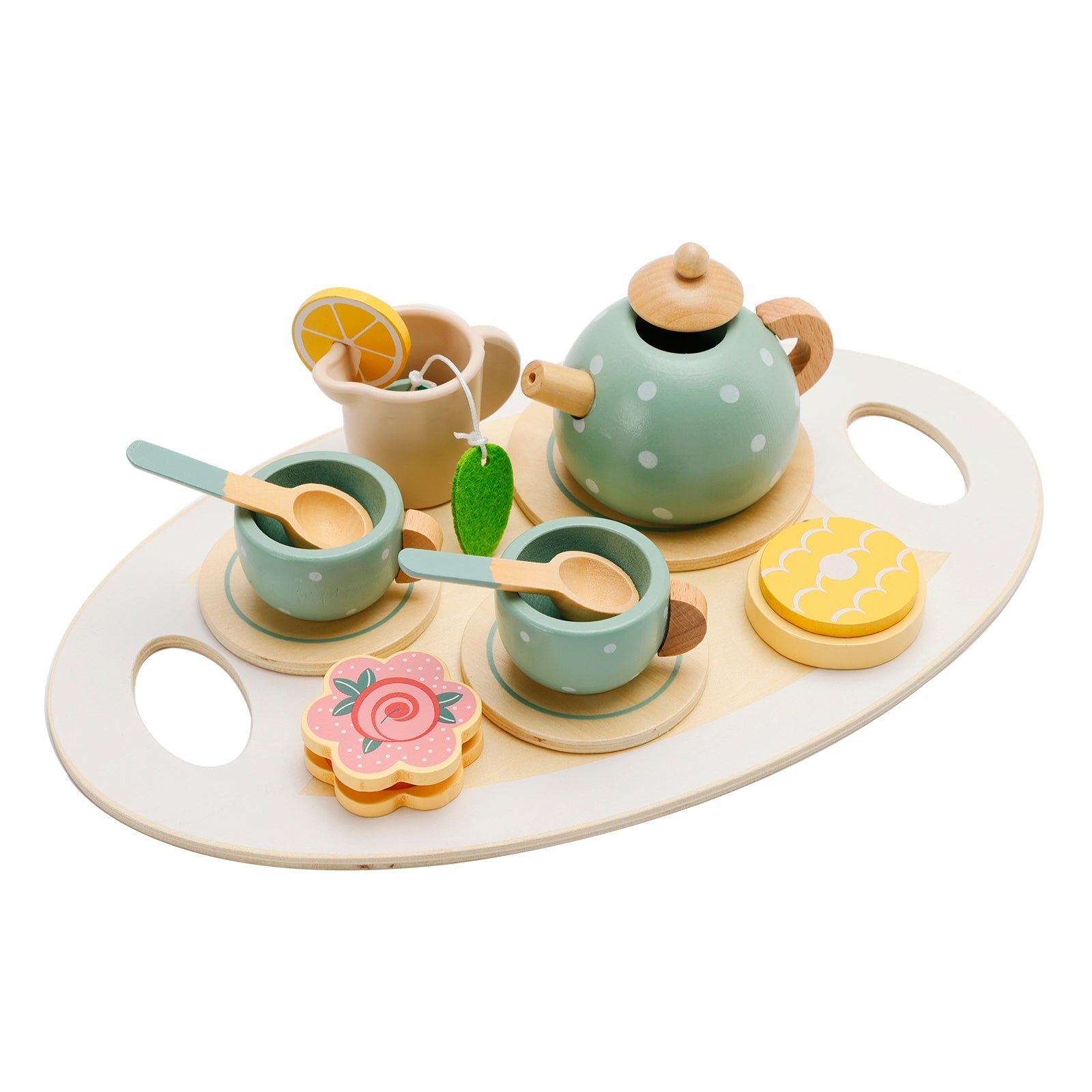 15 Piece Wooden Kitchen Toy Dishes and Tea Set for Children's Play Kitchen