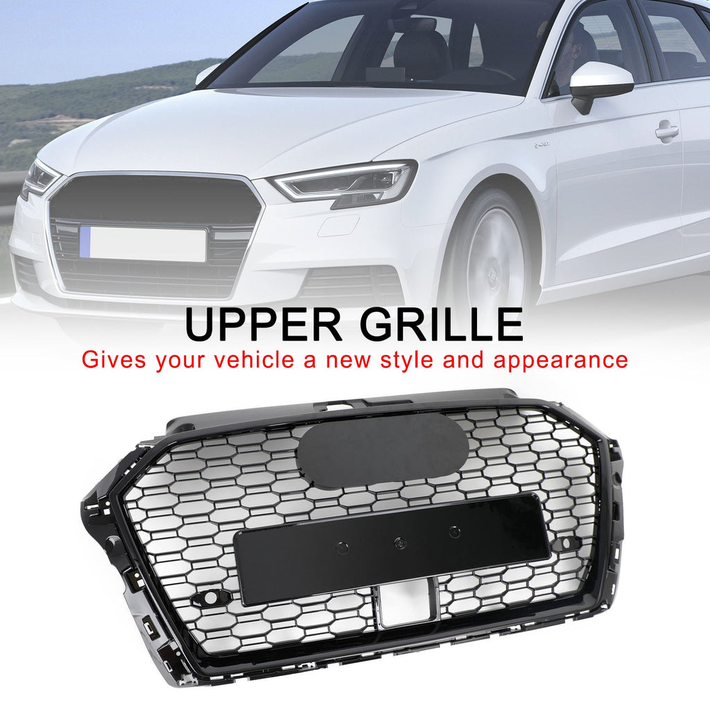 17-19 Audi A3 S3 RS3-Style Honeycomb Front Grille with ACC Gloss Black