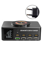 140W High-Speed USB Charger Station with PD100W Technology, Smart Digital Display, Multiple USB Ports, Magnetic Wireless Charging Capability, and EU Connector