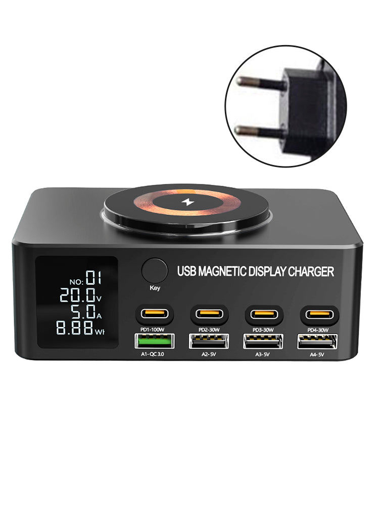 140W High-Speed USB Charger Station with PD100W Technology, Smart Digital Display, Multiple USB Ports, Magnetic Wireless Charging Capability, and EU Connector