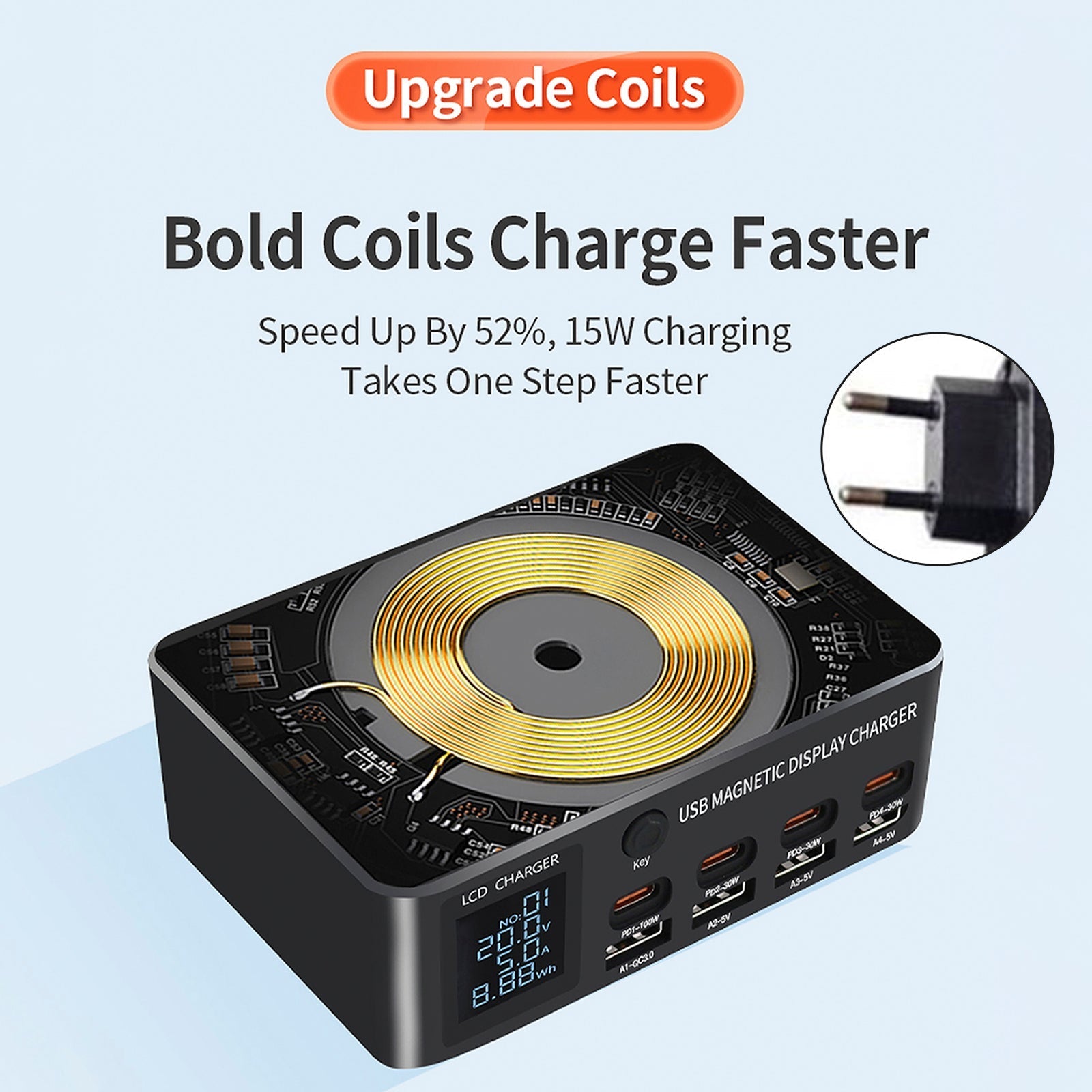 140W High-Speed USB Charger Station with PD100W Technology, Smart Digital Display, Multiple USB Ports, Magnetic Wireless Charging Capability, and EU Connector