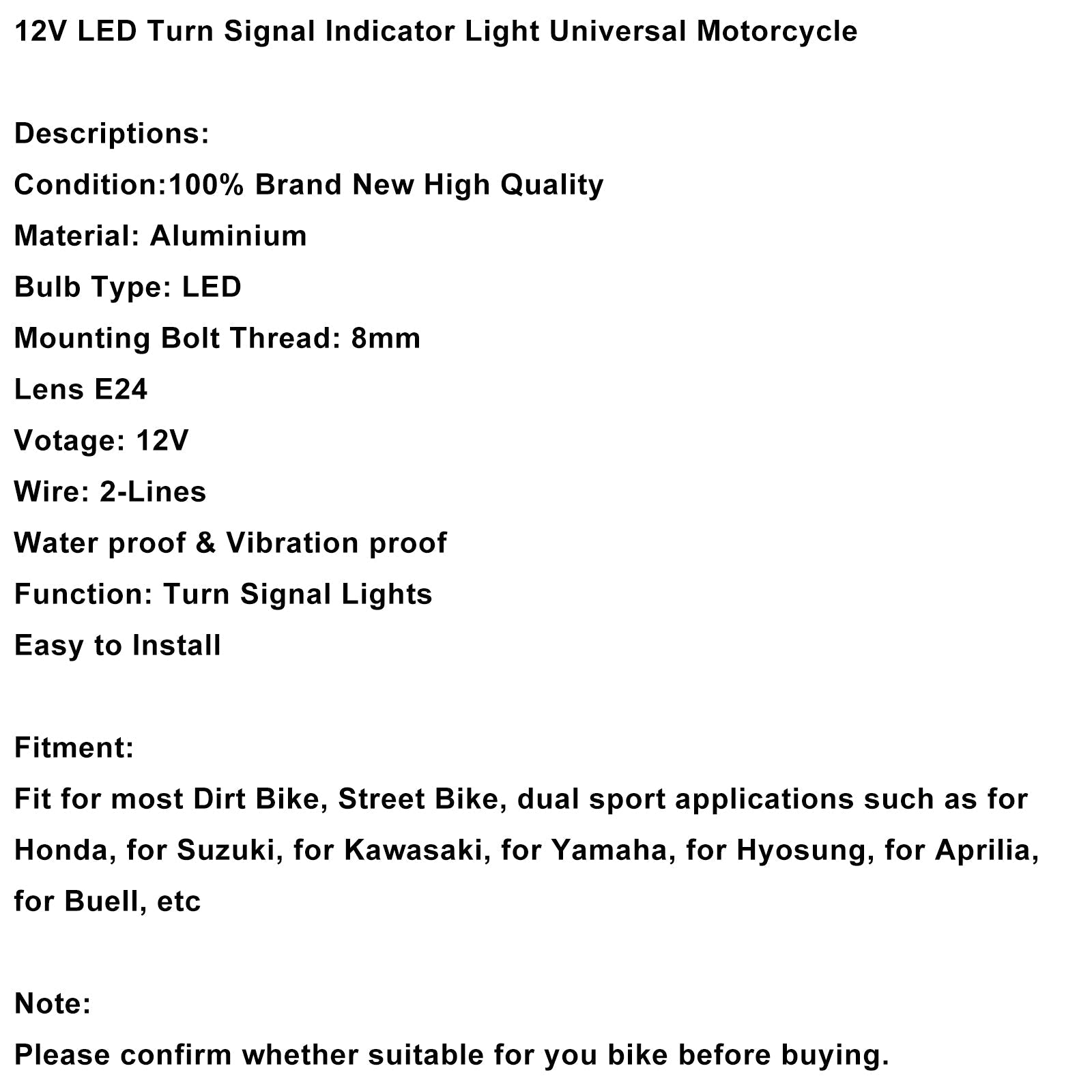 12V Universal Honda Motorcycle 8mm LED Turn Signal Light Indicator