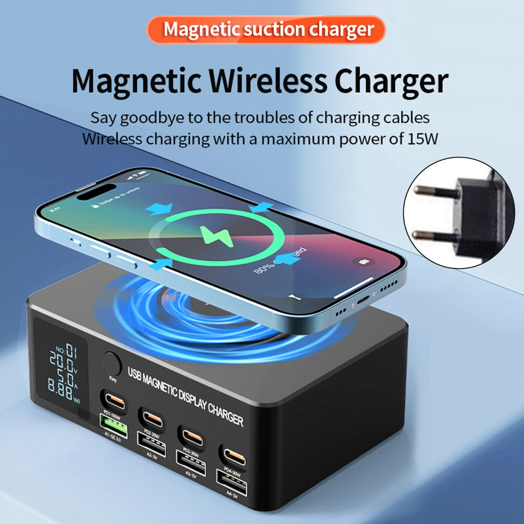 140W High-Speed USB Charger Station with PD100W Technology, Smart Digital Display, Multiple USB Ports, Magnetic Wireless Charging Capability, and EU Connector