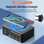 140W High-Speed USB Charger Station with PD100W Technology, Smart Digital Display, Multiple USB Ports, Magnetic Wireless Charging Capability, and EU Connector