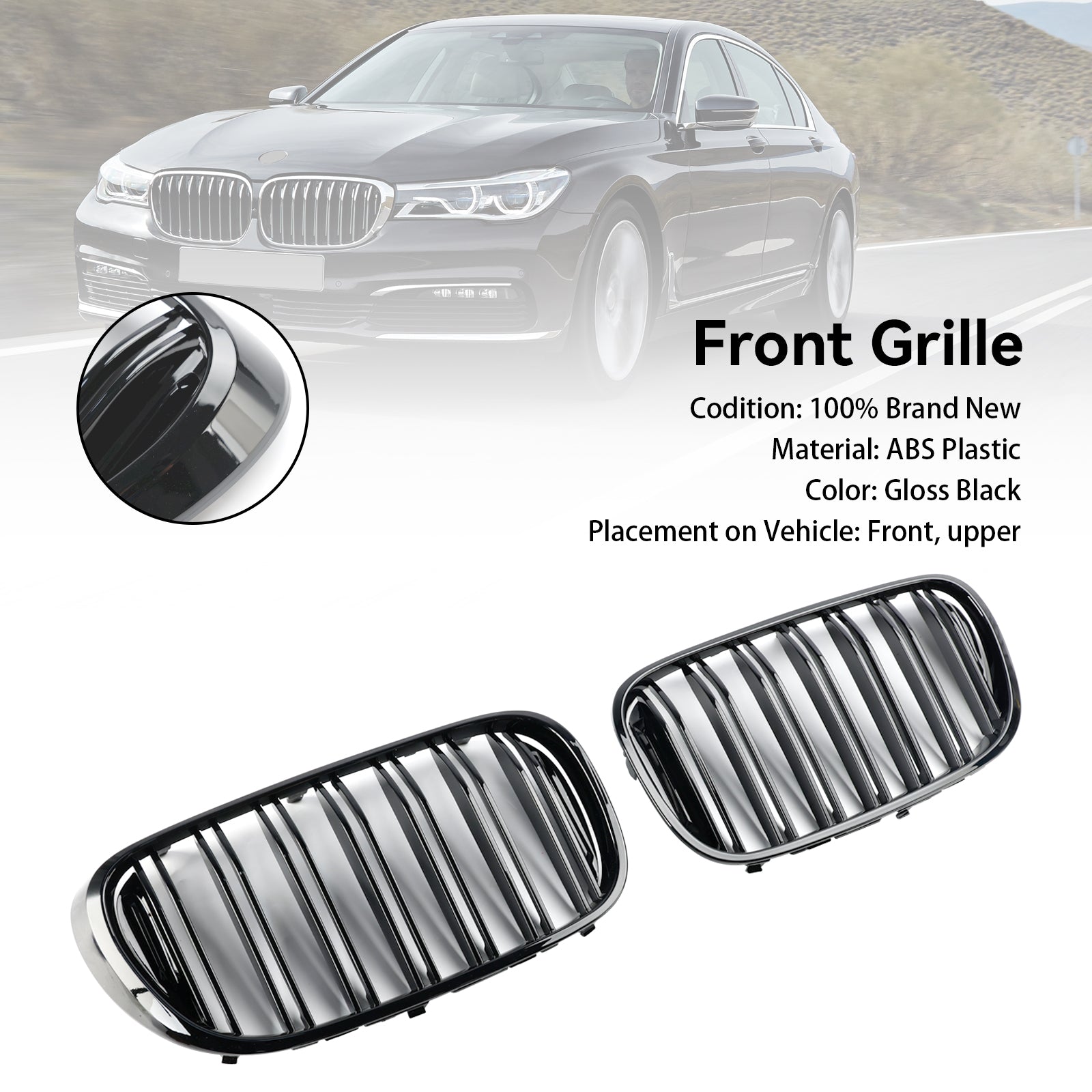 BMW 7 Series G11 Pre-Facelift 5-Door Sedan Black 2-Slat Front Kidney Grille 2015-2019