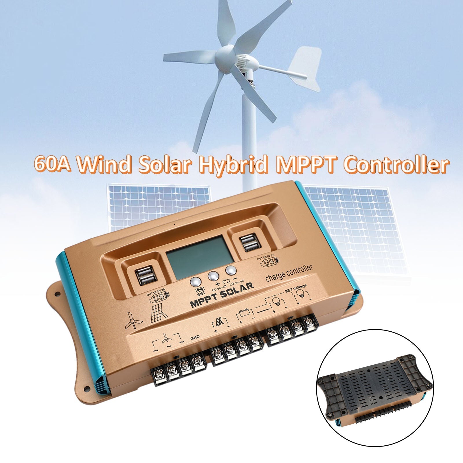 12V/24V/36V/48V/60V 60A MPPT Wind Solar Hybrid Charge Controller Panel Dual USB
