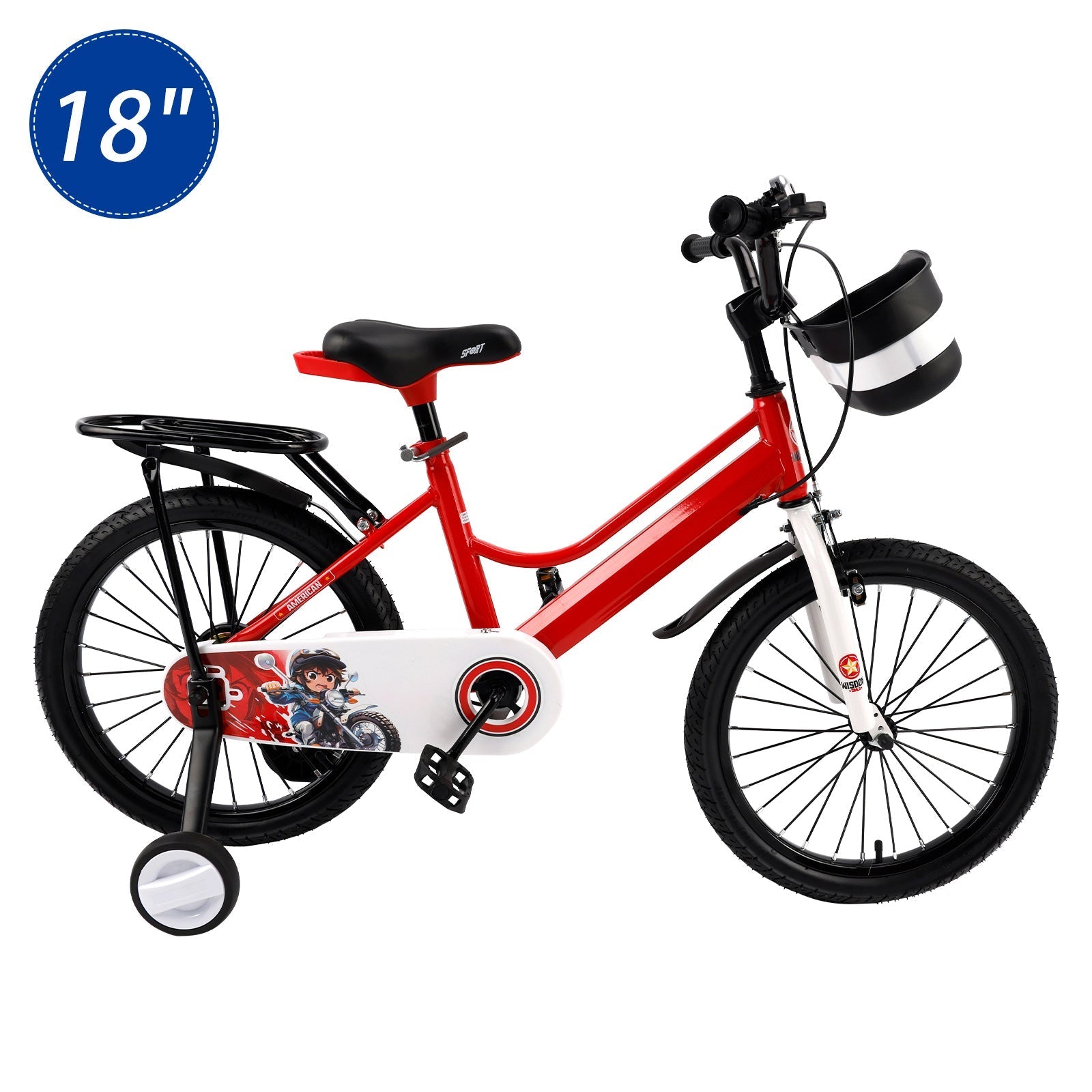 18 Inch Children's Bike Red with Stabilizer Wheels and Luggage Rack for Boys and Girls