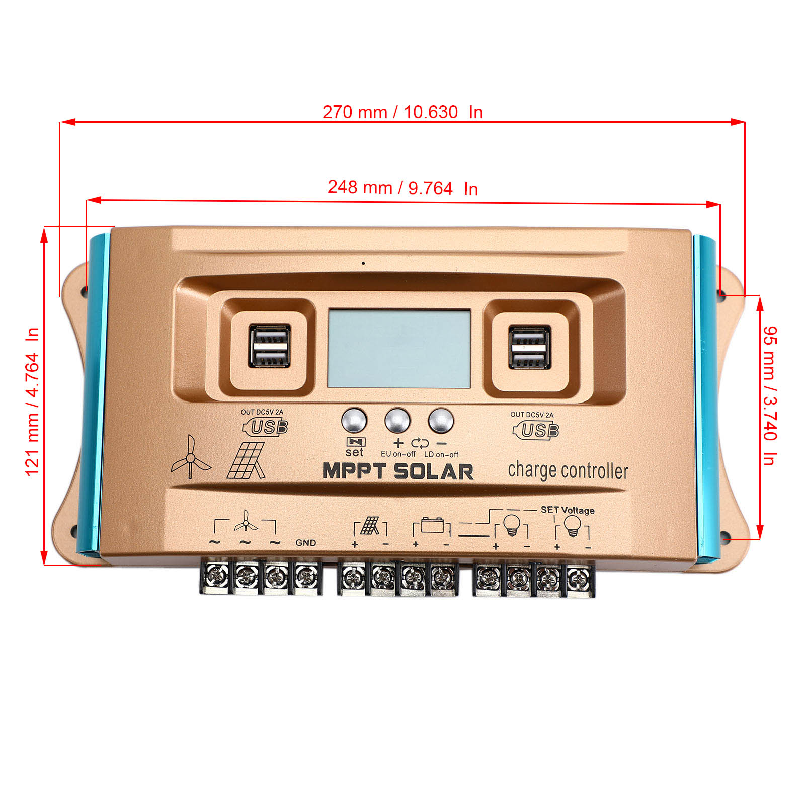 12V-60V 30A-100A Auto MPPT Dual USB Wind and Solar Hybrid Charge Controller