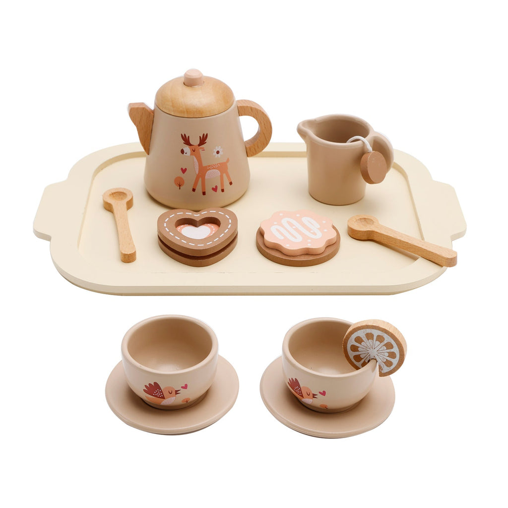 13-Piece Kids Play Kitchen Wooden Tableware and Tea Service Set