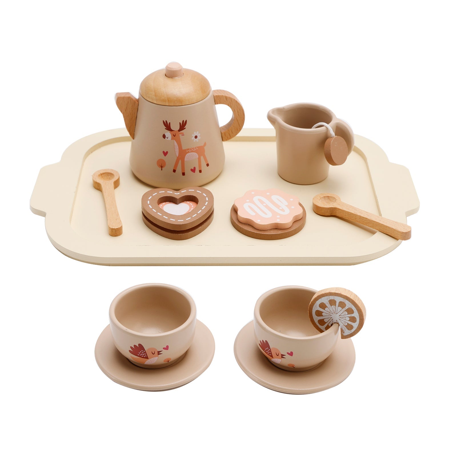 13-Piece Kids Play Kitchen Wooden Tableware and Tea Service Set