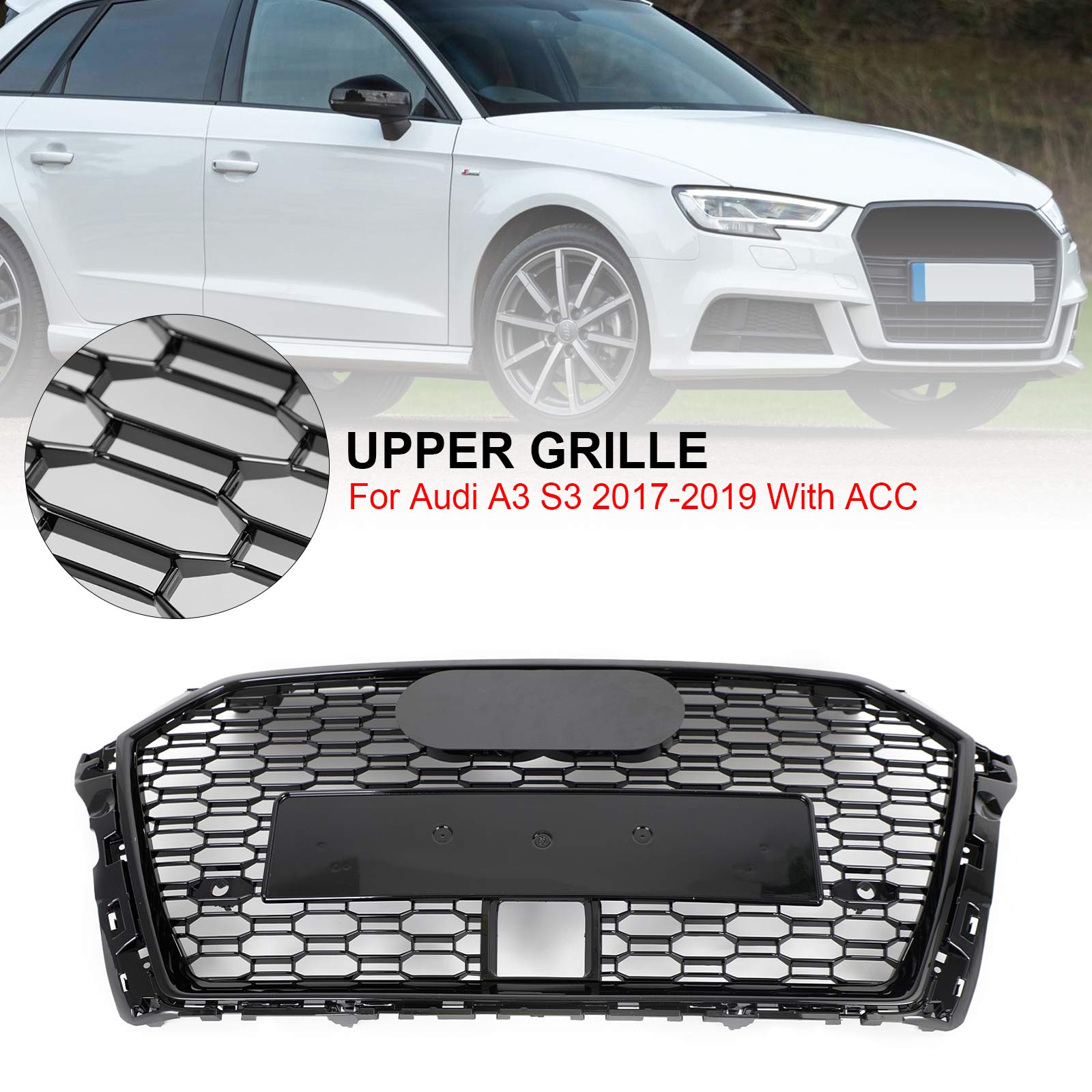 17-19 Audi A3 S3 RS3-Style Honeycomb Front Grille with ACC Gloss Black