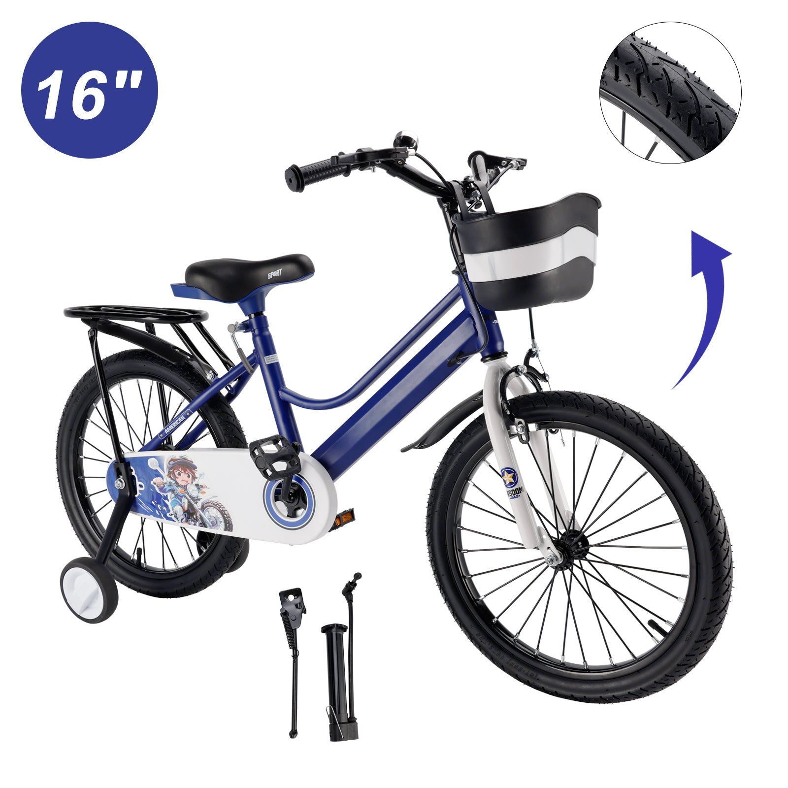 16" and 18" Youth Bike with Stabilizer Wheels, Front Basket and Luggage Rack