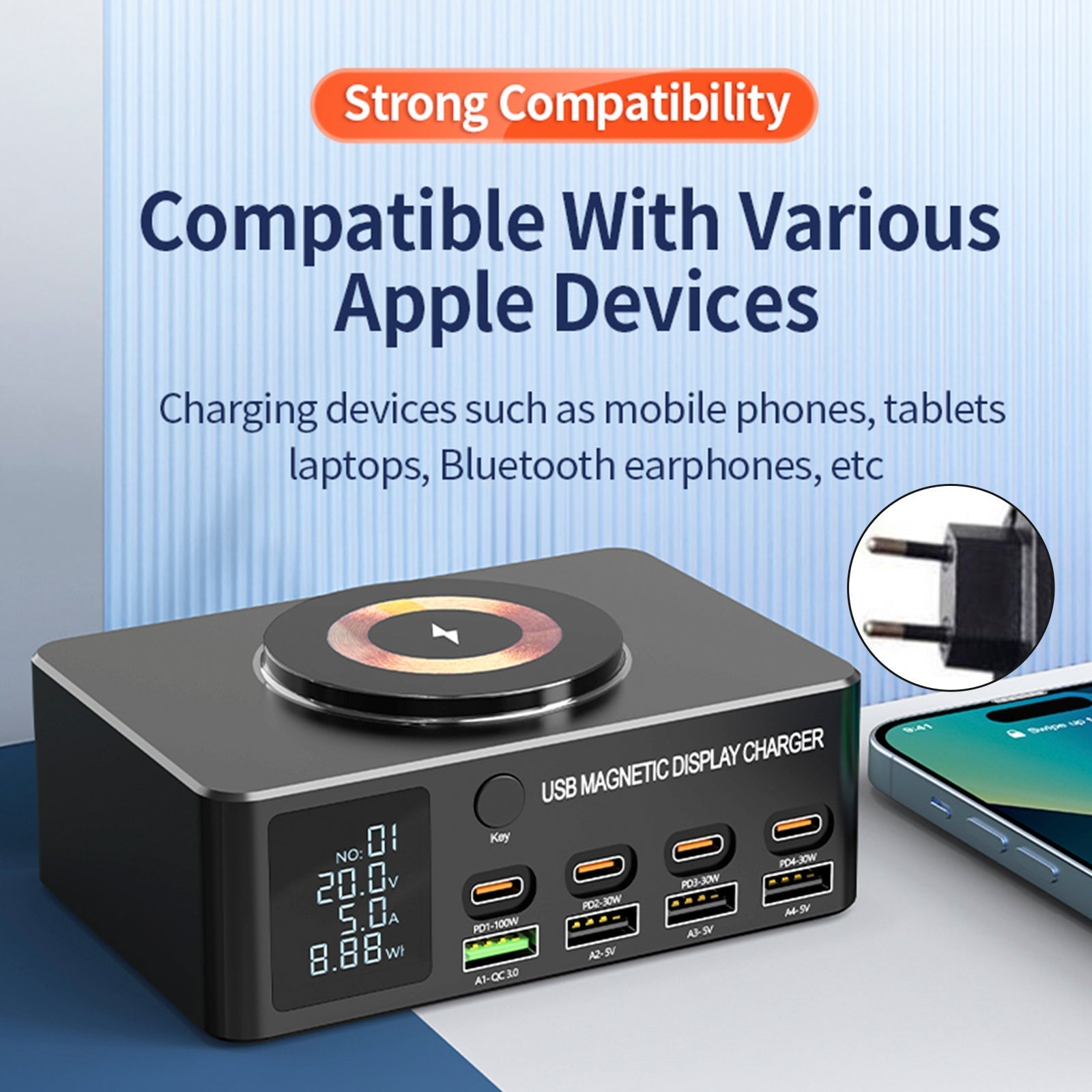 140W High-Speed USB Charger Station with PD100W Technology, Smart Digital Display, Multiple USB Ports, Magnetic Wireless Charging Capability, and EU Connector