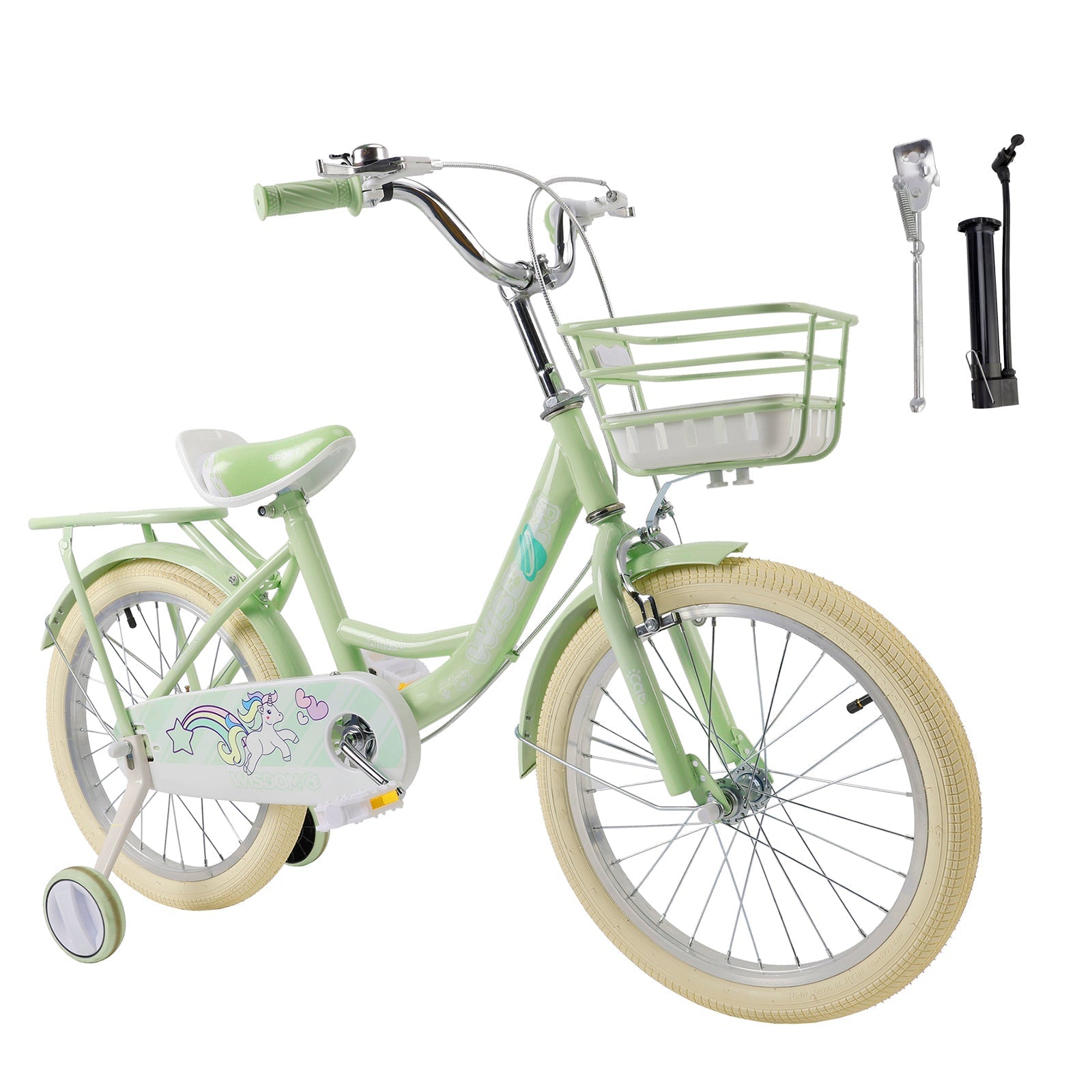 16" Green Girls Children's Bicycle featuring Side Wheels, Basket and Rear Cargo Rack
