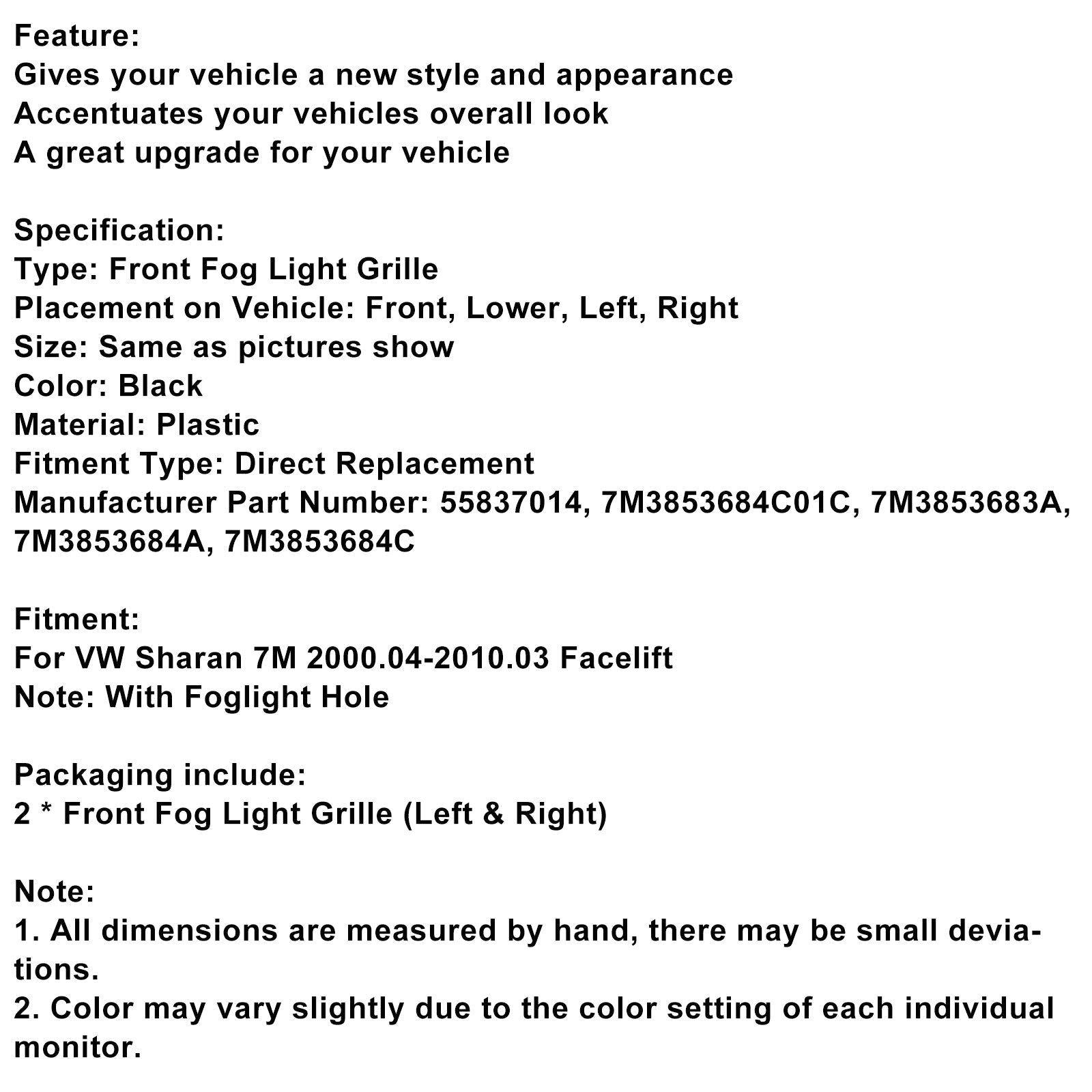 VW Sharan 7M Front Bumper Grille with Fog Light Opening 2000-2010