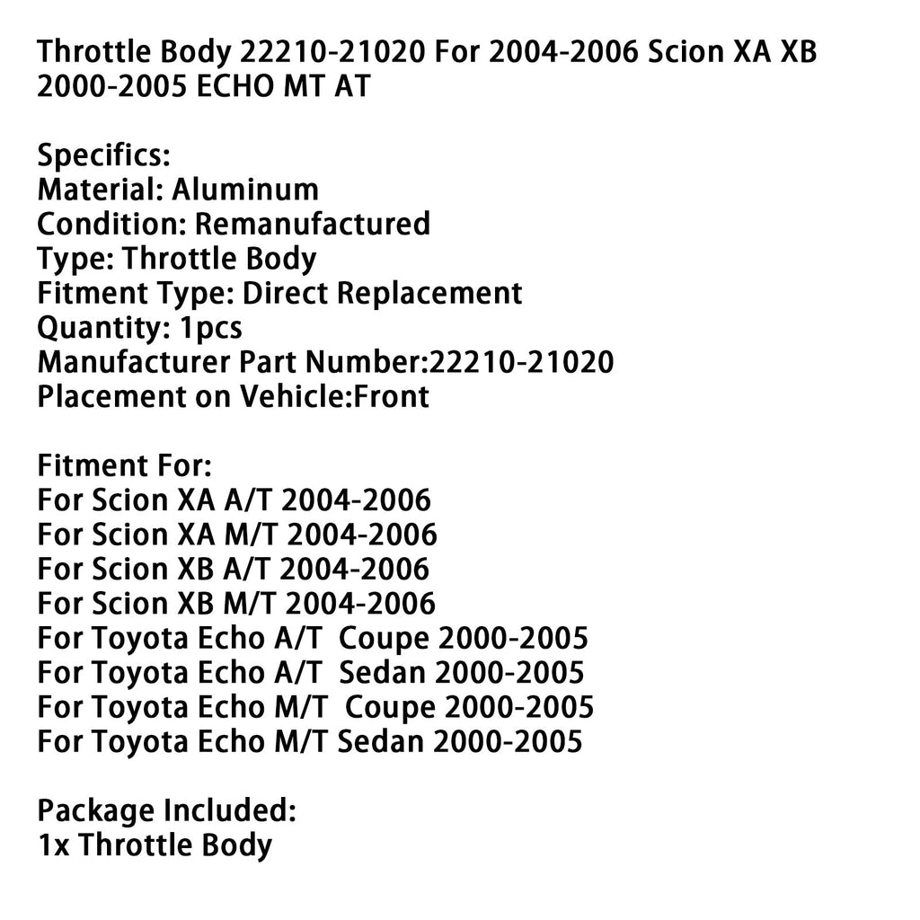 Toyota Echo 2000-2005 Manual Transmission Sedan 22210-21020 Throttle Body