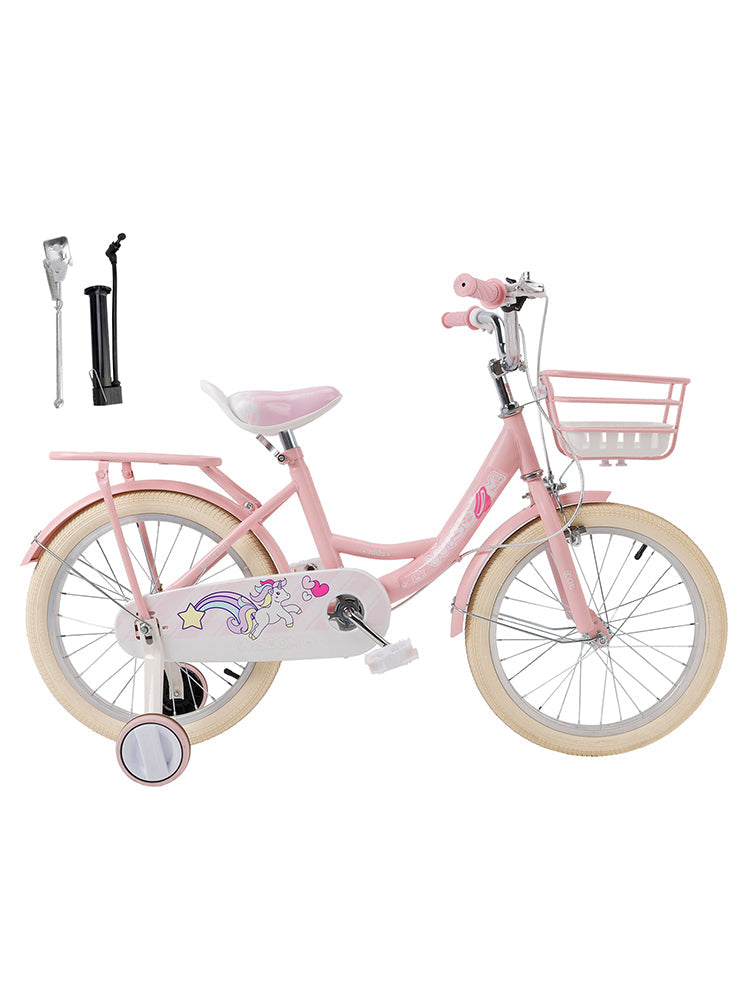 16 Inch Girls Bicycle with Training Wheels, Basket, and Rear Rack in Pink