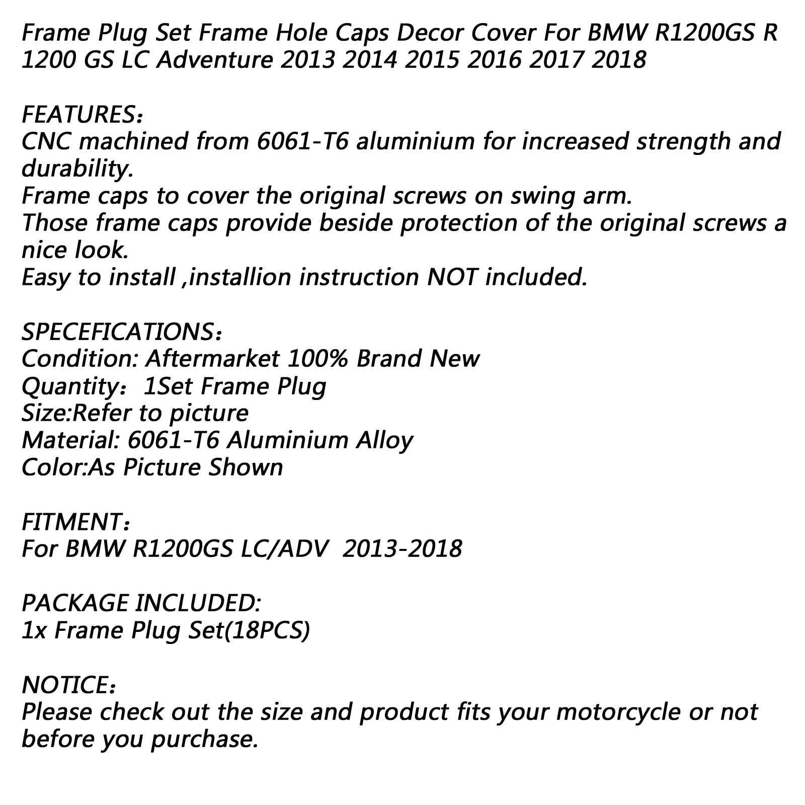 18-Piece Precision CNC Aluminum Side Frame Protection Caps for BMW R1200GS 2013-2019