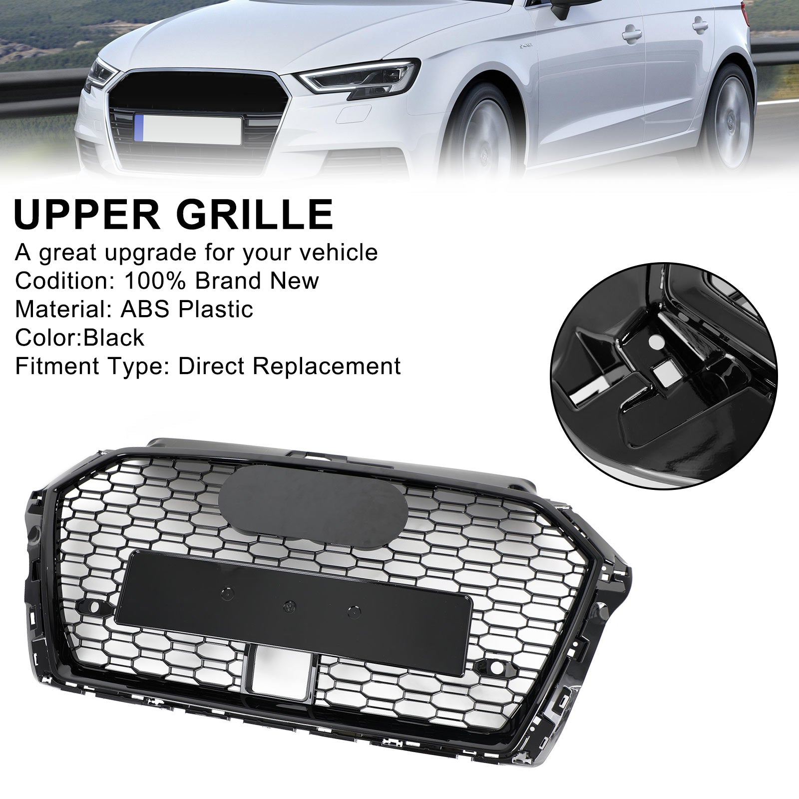 17-19 Audi A3 S3 Honeycomb Front Grille RS3 Style With ACC Gloss Black Generic