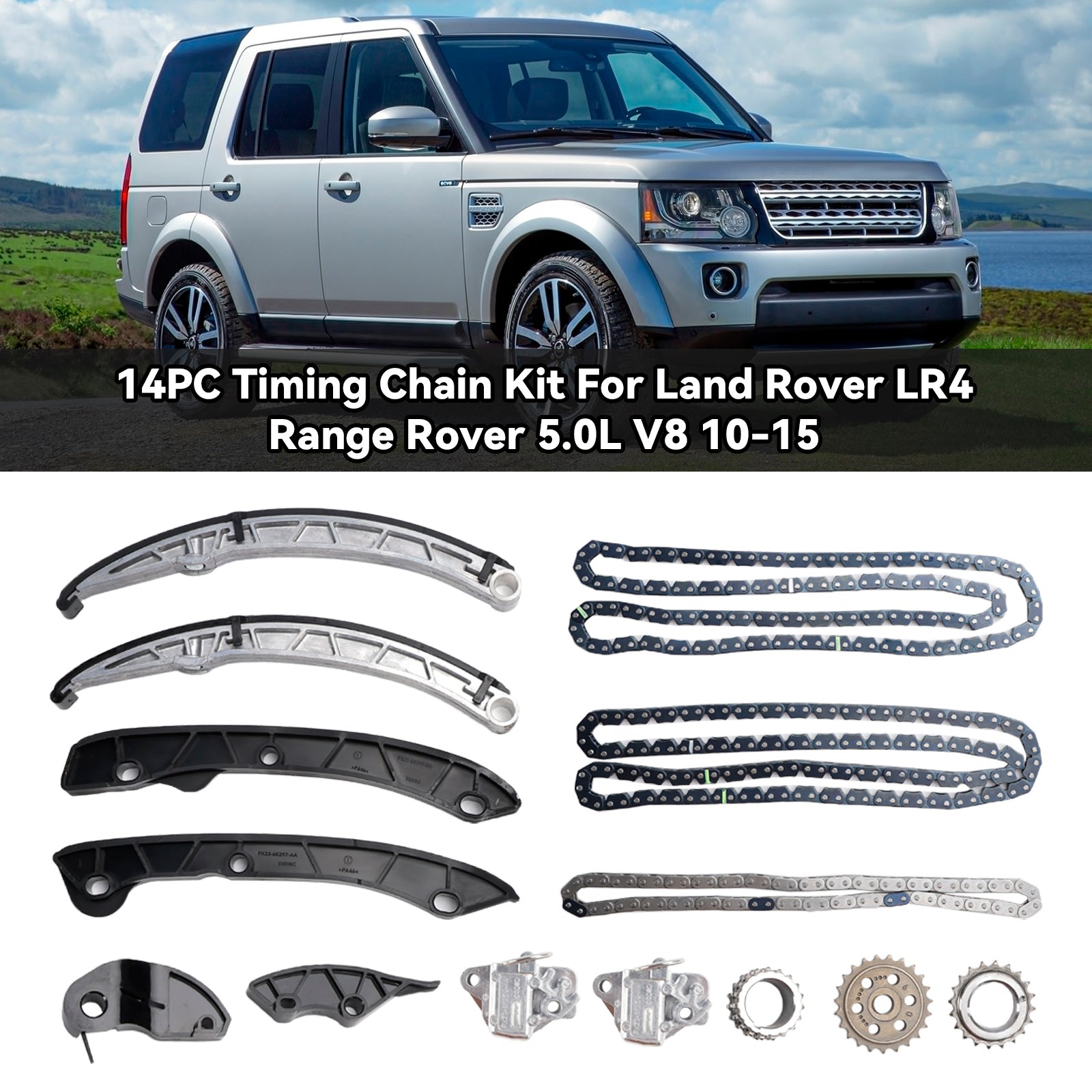 14 Piece Timing Chain Component Kit Compatible with Land Rover LR4 Range Rover 5.0L V8 2010-2015 LR032048 LR072638 LR051013