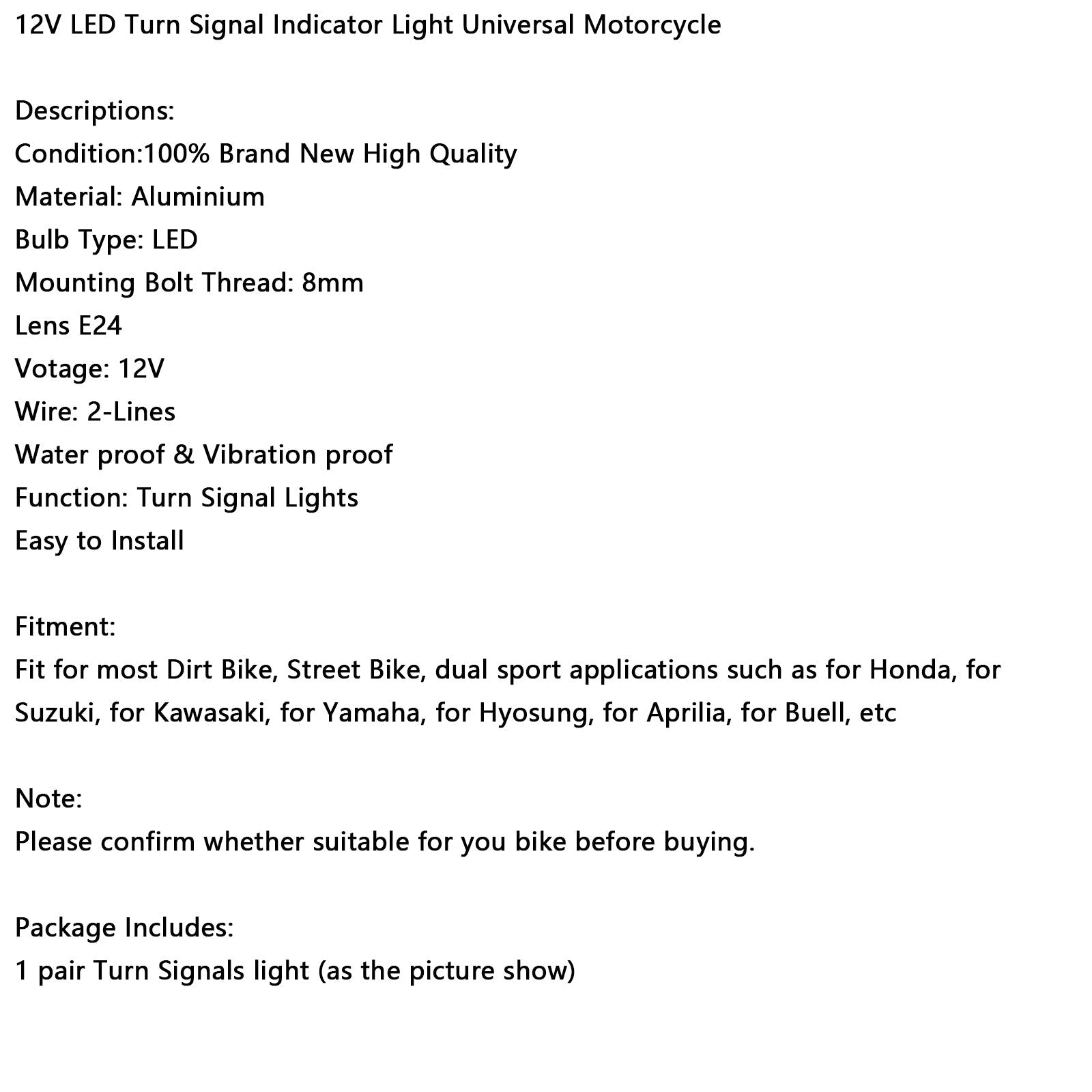 12V Universal Motorcycle LED Turn Signal Light 8mm for Suzuki