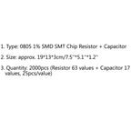 0805 SMD Resistor 63 Value Pack 2000PCS 1% Tolerance + Capacitor Sample Book 17 Values