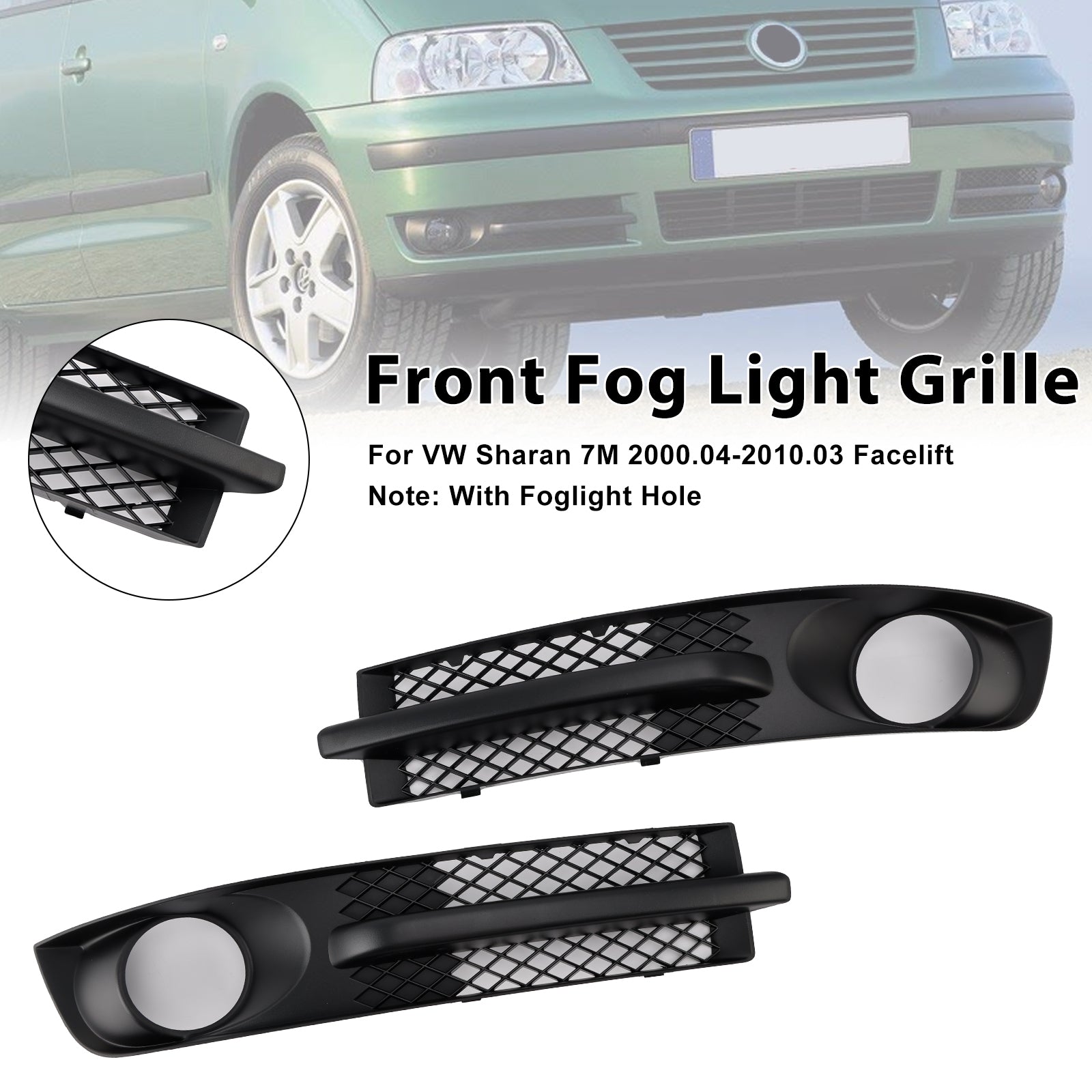 Front Bumper Fog Light Grille for 2000-2010 Volkswagen Sharan 7M with Foglight Aperture