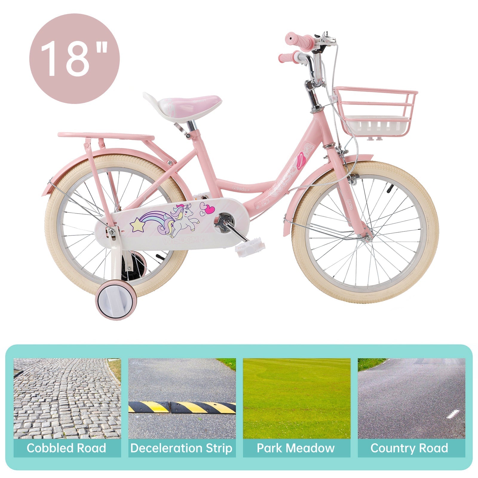18 Inch Pink Girls Bicycle with Side Wheels, Storage Basket and Carrier Rack