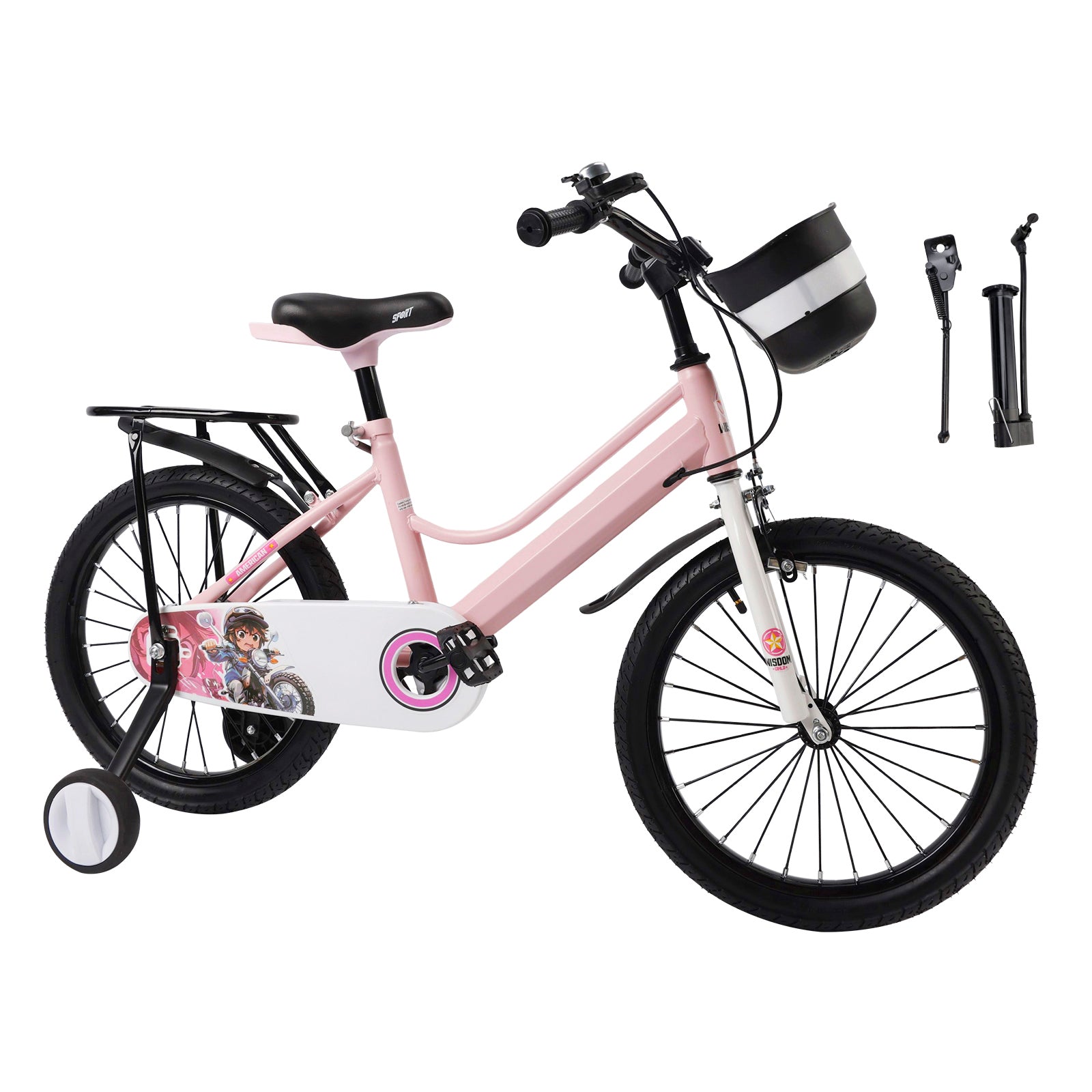 18" Youth Bike with Kickstand, Training Wheels and Baggage Rack - Pink