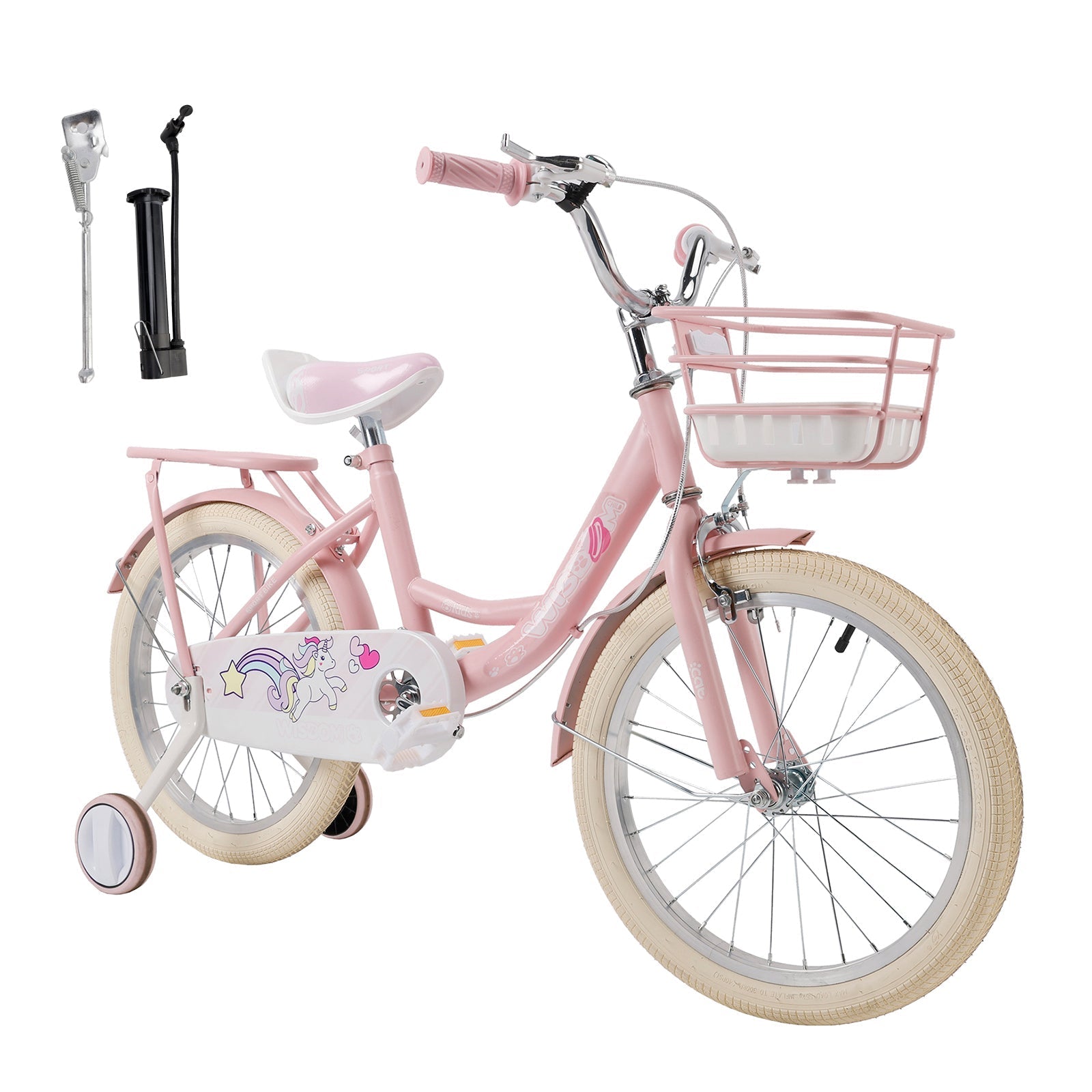 16 Inch Girls Bicycle with Training Wheels, Basket, and Rear Rack in Pink