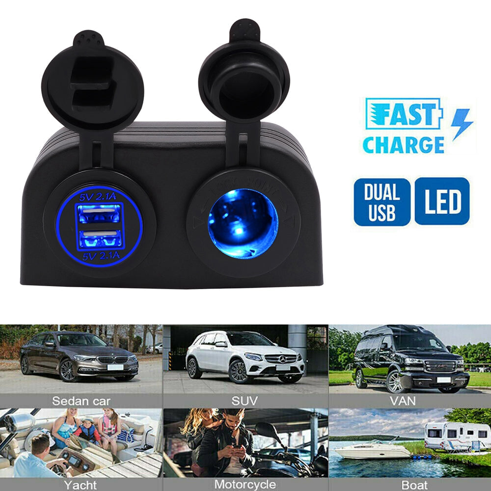 12V/24V Dual Socket Cigarette Lighter Charger Panel with 2 Hole Installation for Vehicles and Marine Use