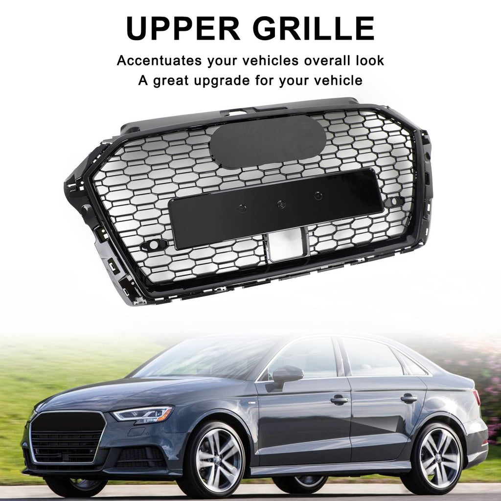 17-19 Audi A3 S3 RS3-Style Honeycomb Front Grille with ACC Gloss Black