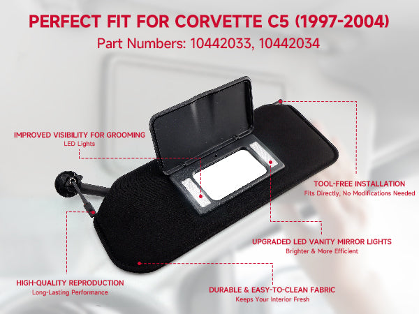 1997-2004 Corvette C5 Black Shaded Sun Visors Pair with Built-in Vanity Mirrors