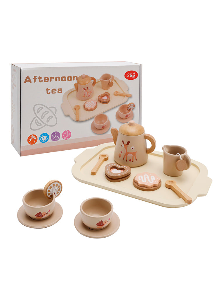 13-Piece Kids Play Kitchen Wooden Tableware and Tea Service Set