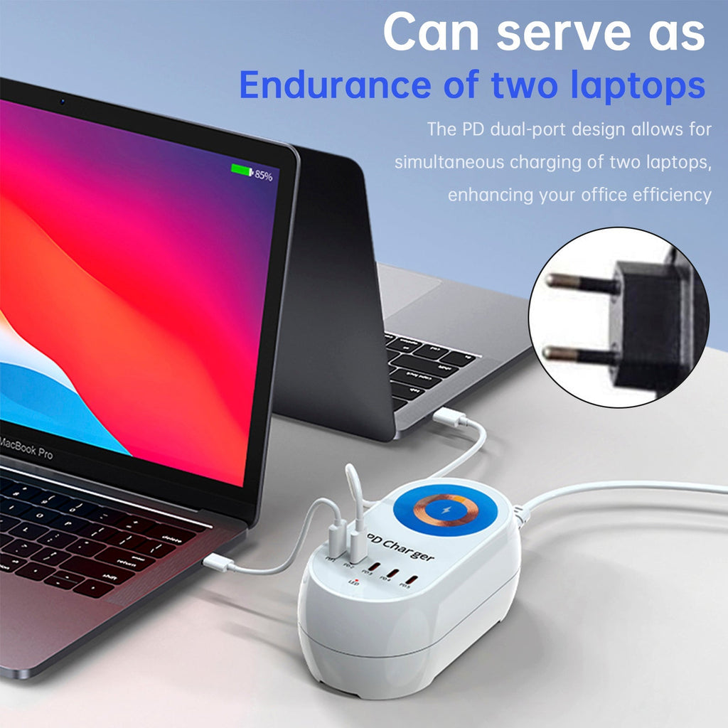 140W Power Delivery Multi-Port Fast Charger with Magnetic Wireless Charging for Laptops and Smartphones EU