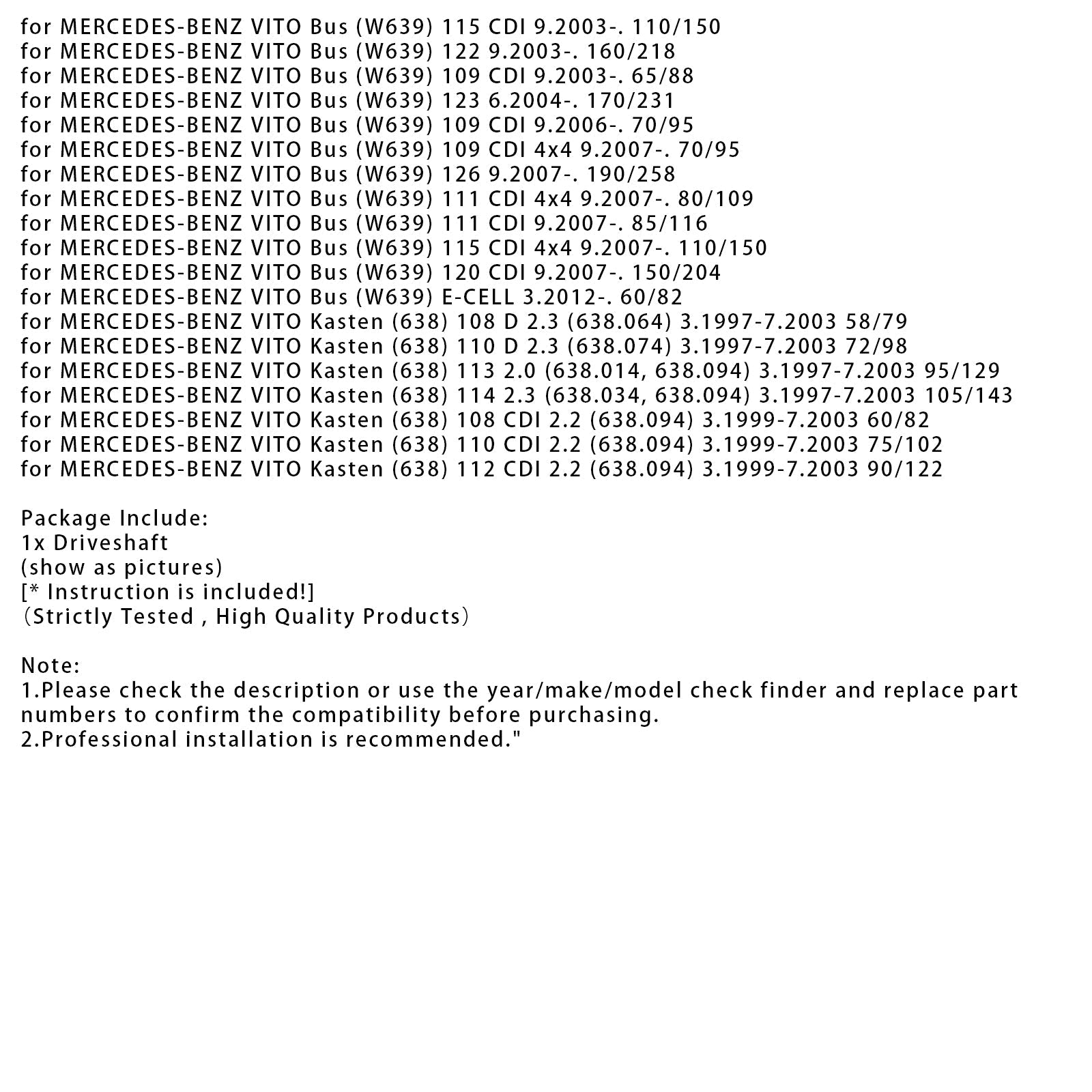 03.1997-07.2003 MERCEDES-BENZ VITO Kasten (638) 114 2.3 (638.034, 638.094) 105/143 Propshaft Drive Shaft 2211mm Length 6394103206