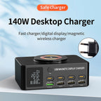 140W High-Speed USB Charger Station with PD100W Technology, Smart Digital Display, Multiple USB Ports, Magnetic Wireless Charging Capability, and EU Connector