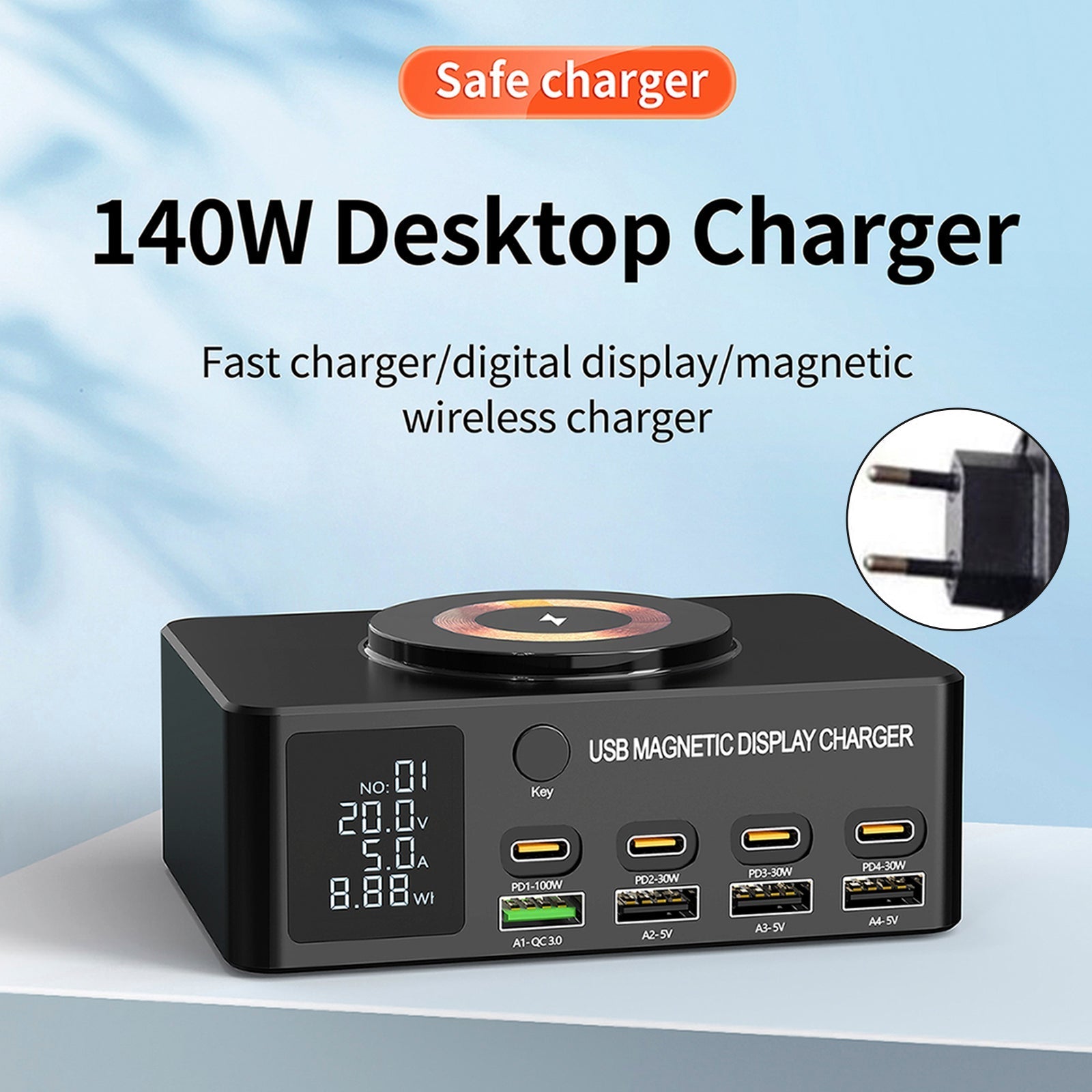 140W High-Speed USB Charger Station with PD100W Technology, Smart Digital Display, Multiple USB Ports, Magnetic Wireless Charging Capability, and EU Connector