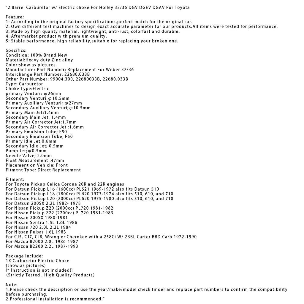 1973-1974 Datsun L18 1800cc Engine 2 Barrel Carburetor Electric Choke Holley 32/36 DGV DGEV DGAV PL620 Pickup 510 610 710