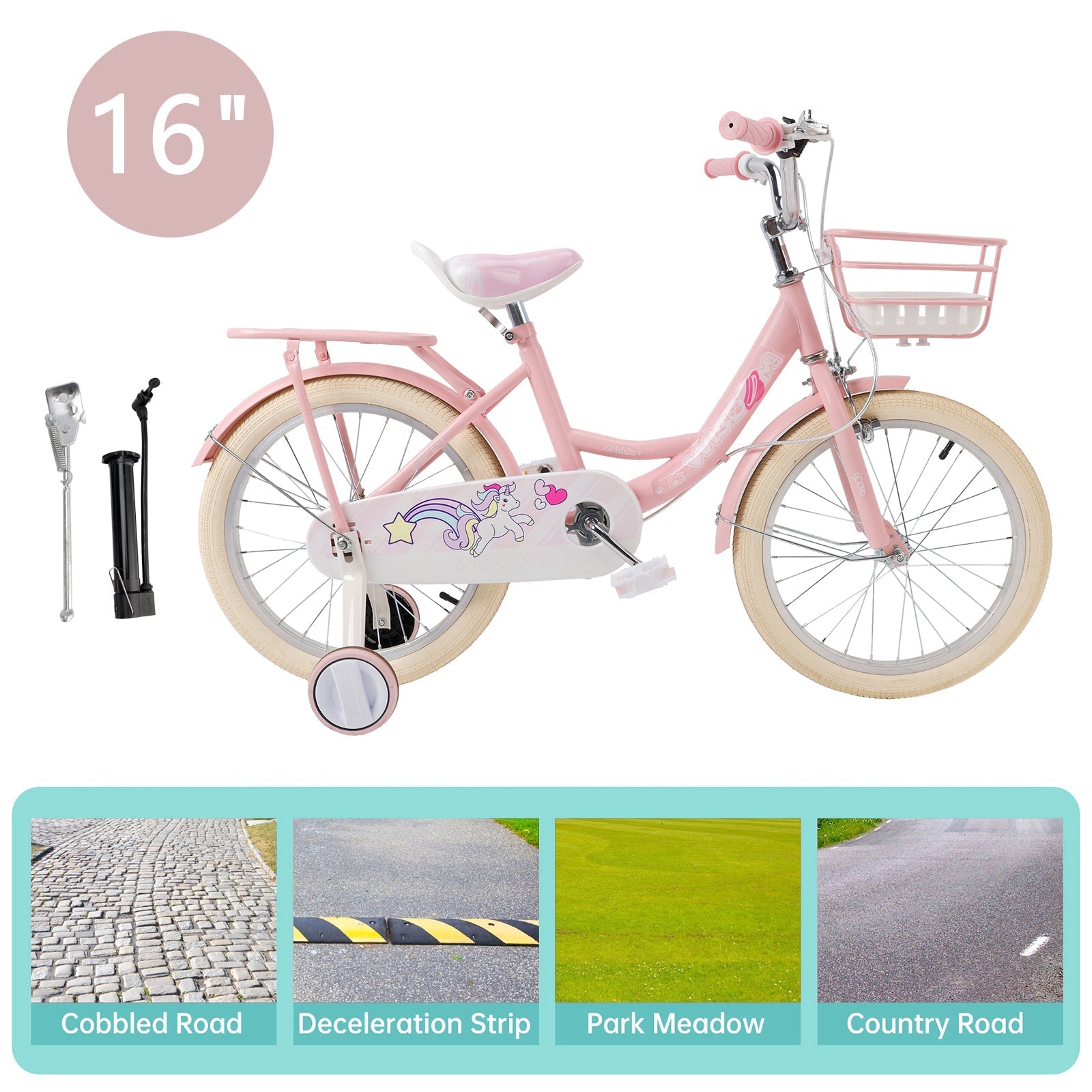 16" Girls Children's Bike with Side Wheels, Front Basket and Luggage Rack Pink
