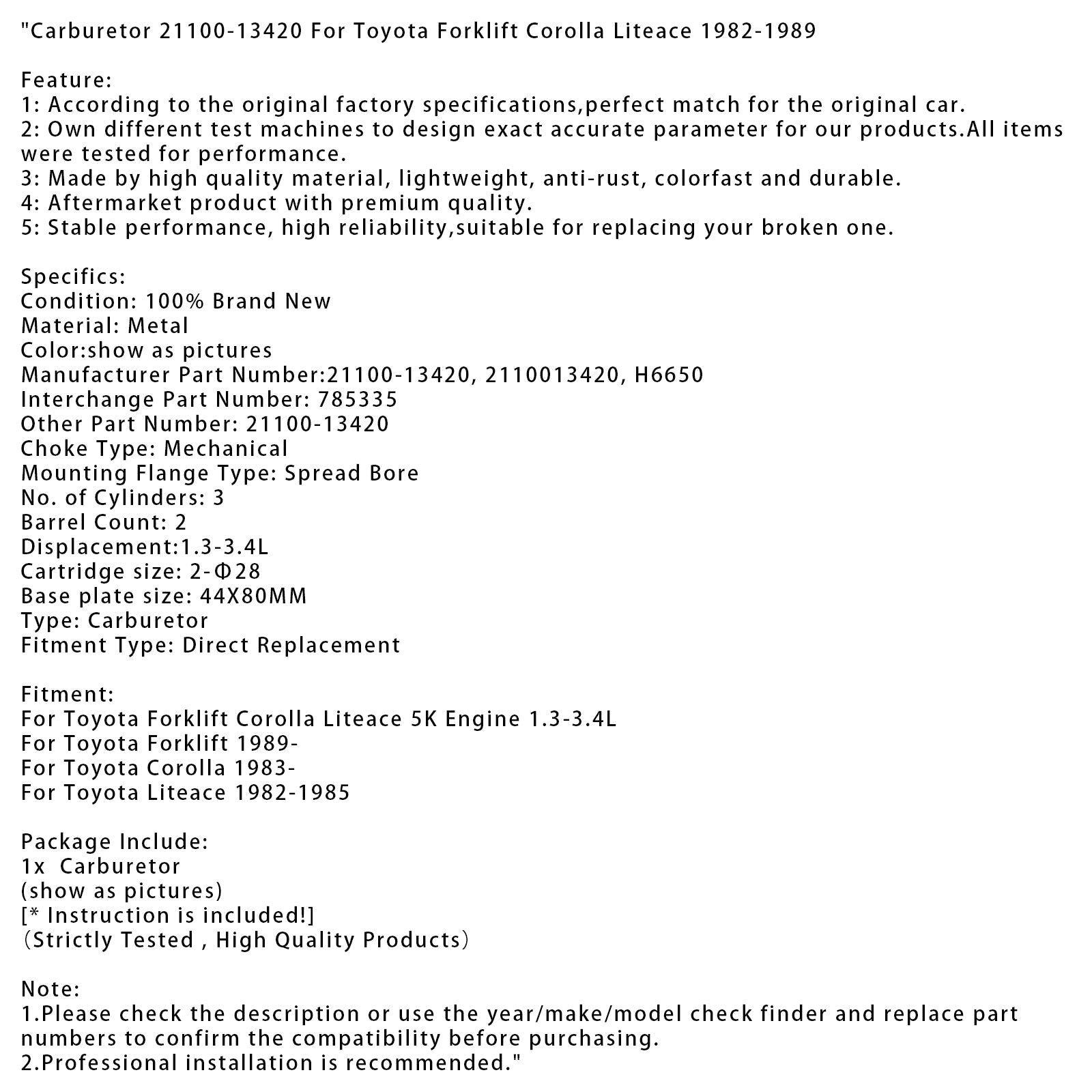 Toyota Forklift Carburetor 21100-13420 1989 and Later Models