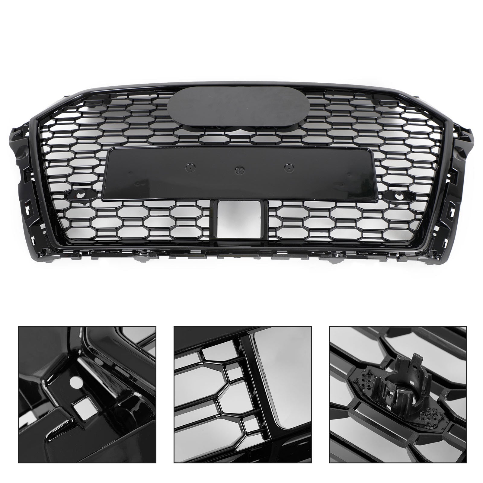 17-19 Audi A3 S3 RS3-Style Honeycomb Front Grille with ACC Gloss Black